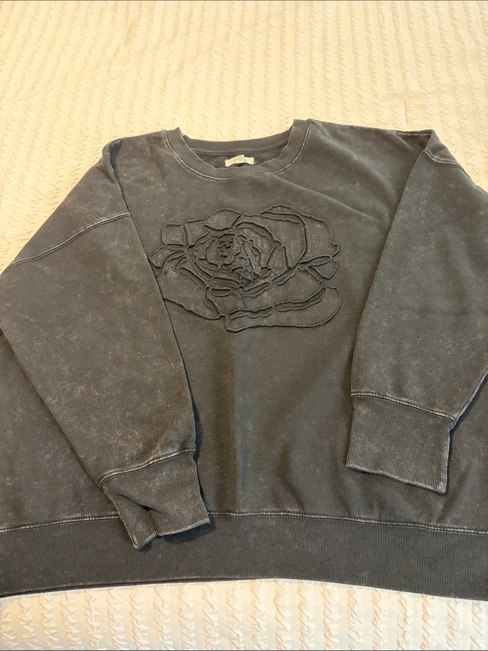 Maurices Black Washed Crewneck Sweat shirt with Rose Appliqué